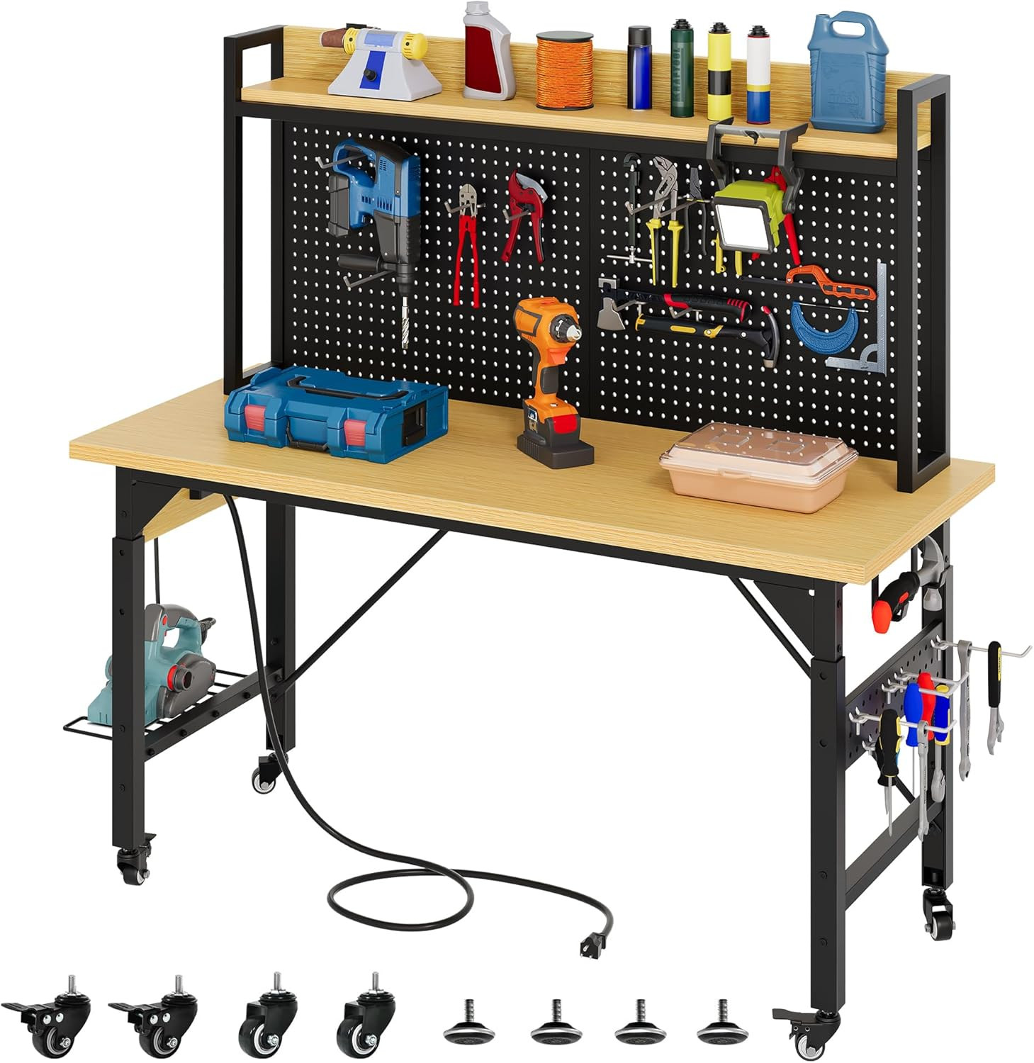 48" Adjustable Workbench with Pegboard, Wheels, 1600 LB Capacity, Rolling Work T
