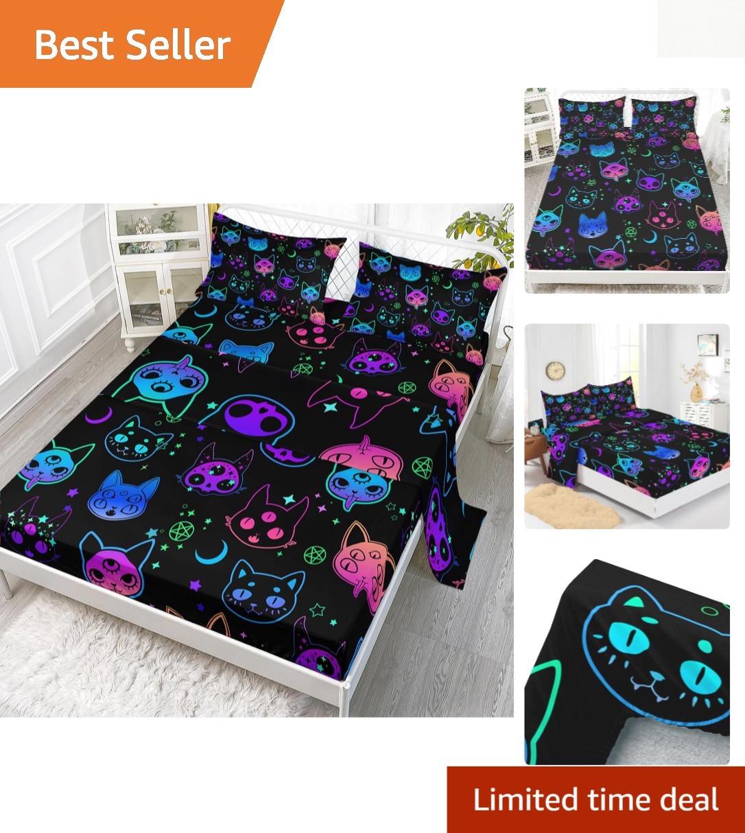Neon Cats Twin Bedding Set - Includes 4 Pieces of Gradient Sheets & Pillowcases