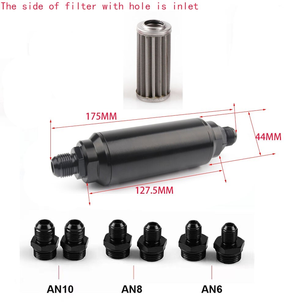 Universal Racing In-Line Fuel Filter With AN 6 8 10 Fittings Adapter 40 Micron