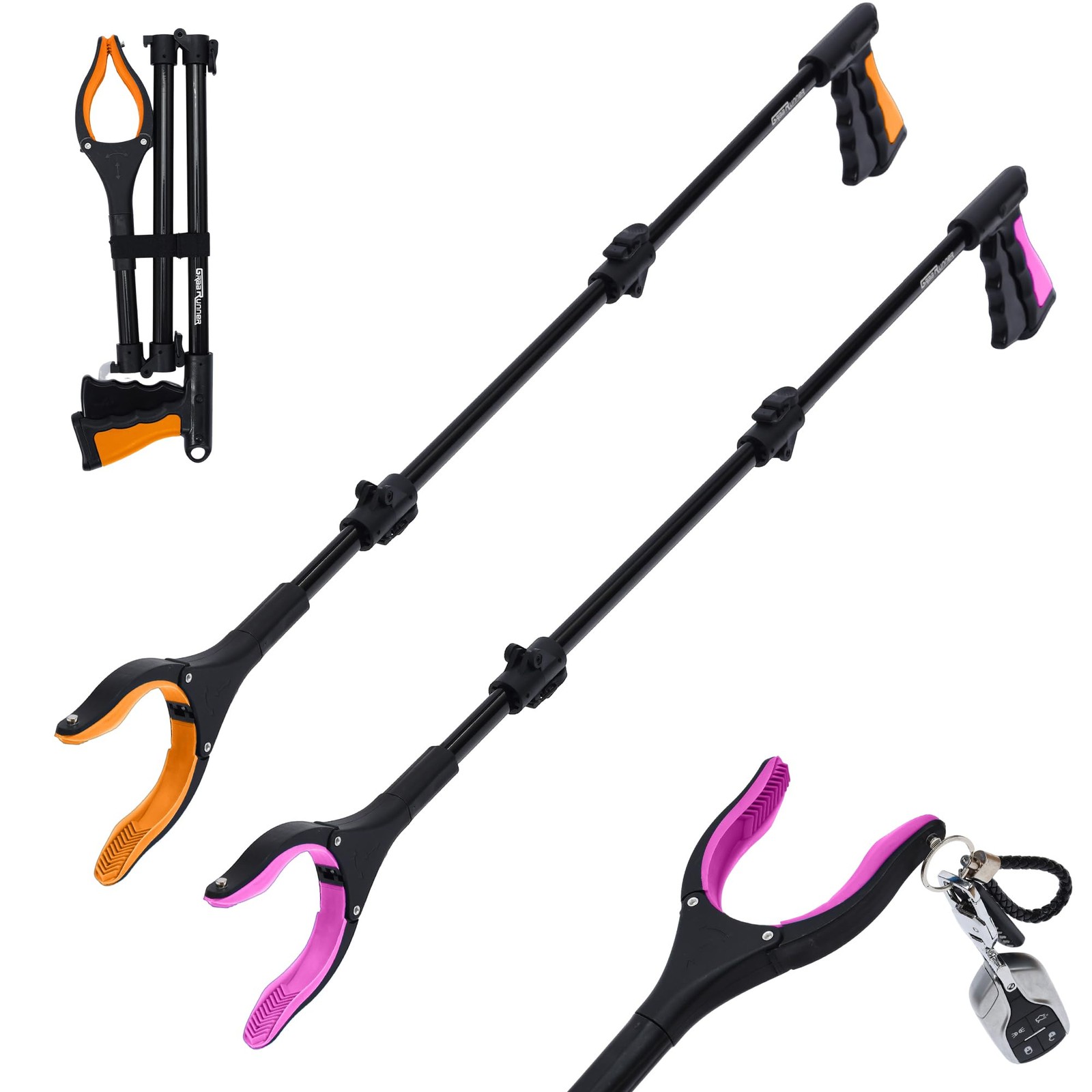 38" Extra Long Grabber Reacher Tool – 2 Pack Foldable Orange Pink