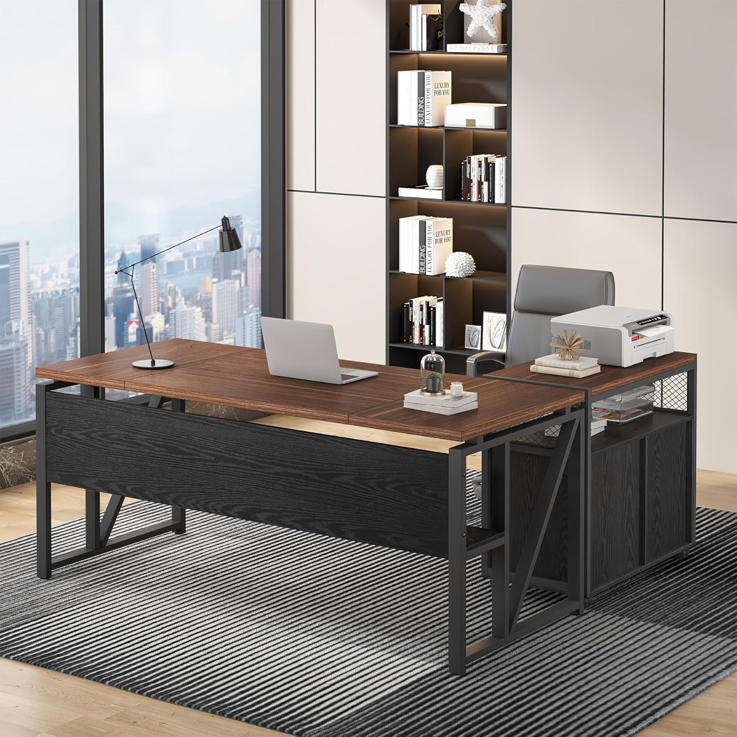 63" L-Shaped Executive Desk with File Cabinet, 2 Piece Home Office Furniture Set