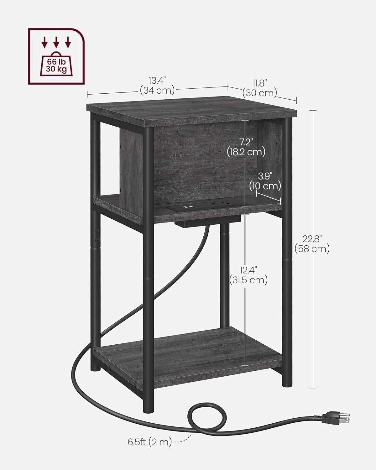 Side Table W/ Charging Station 3-Tier End Table W/ USB Ports & Outlets