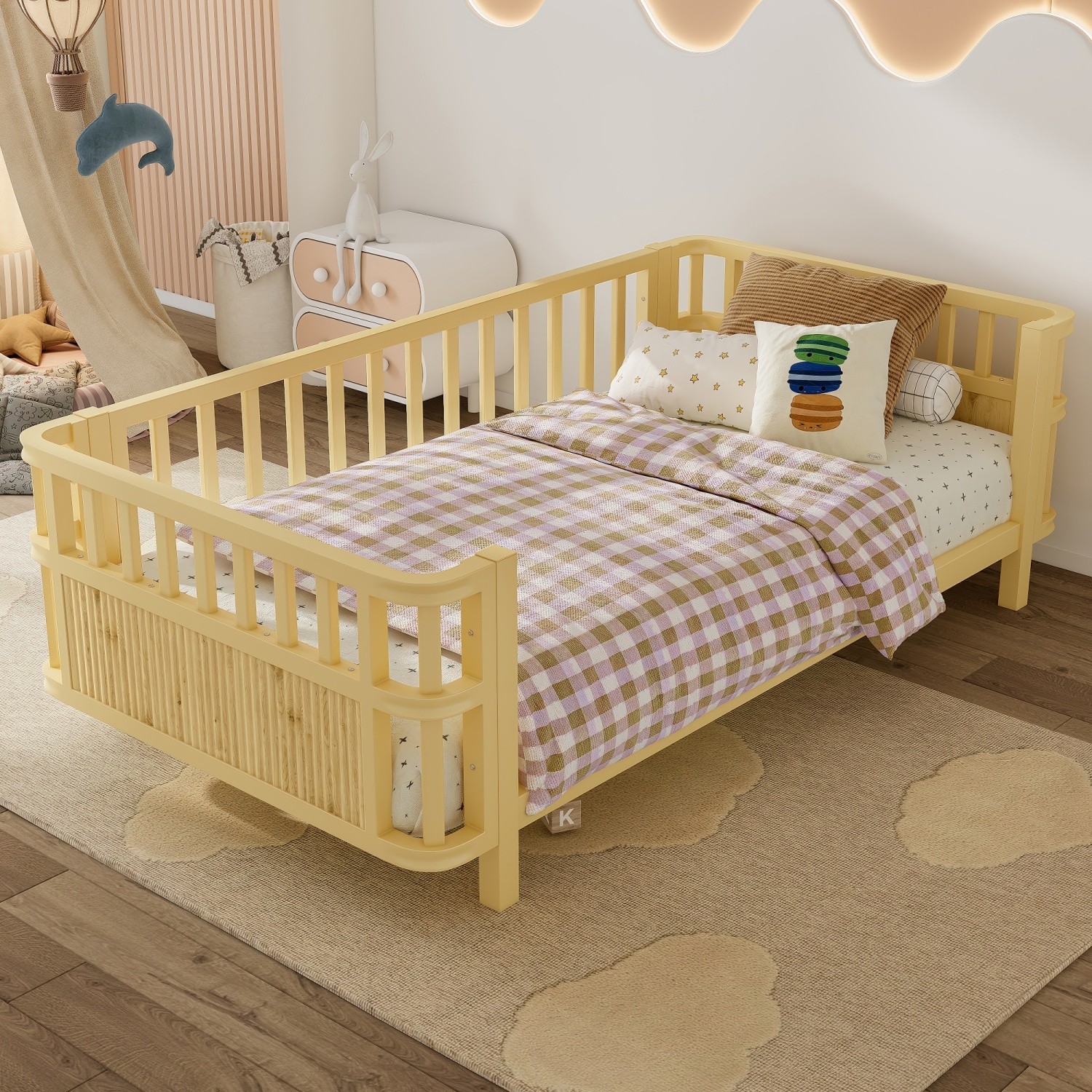 Twin/Full Size Wooden Platform Bed Frame for Kids with Metal Safety Guardrails