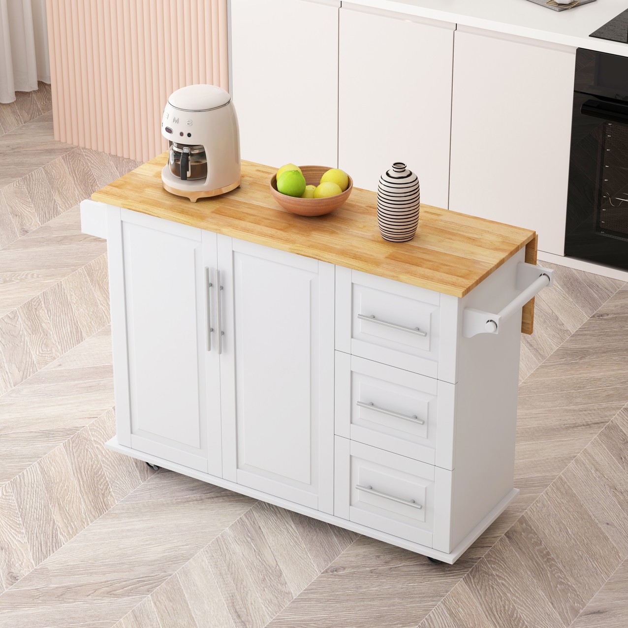 Kitchen Island Cart 2 Door Cabinet and Three Drawers with Spice Rack Towel Rack