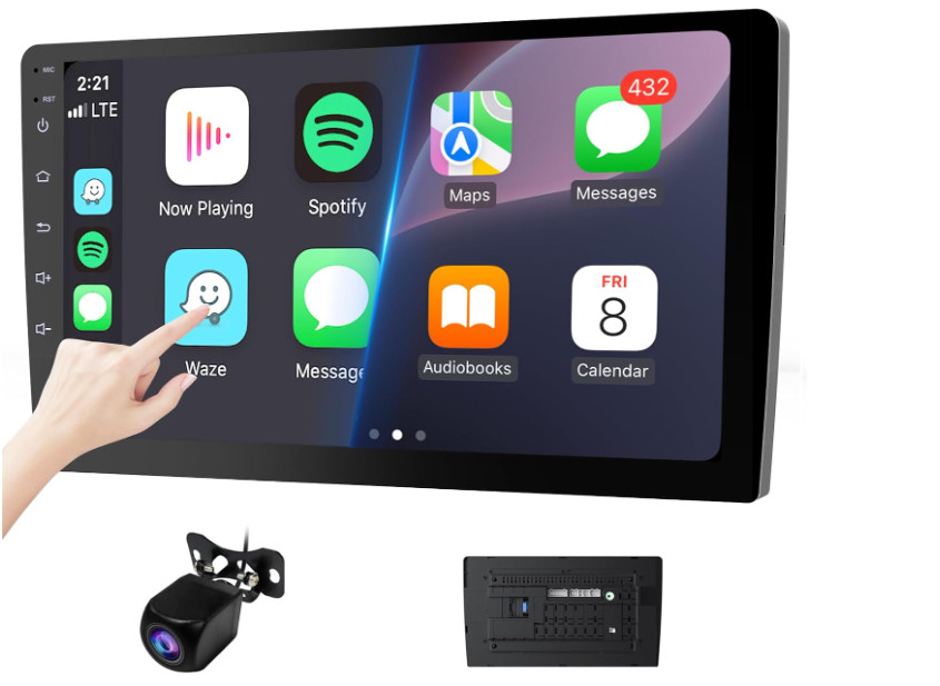 Estéreo coche 10,1” doble DIN con CarPlay y Android Auto, GPS y Bluetooth. Negro