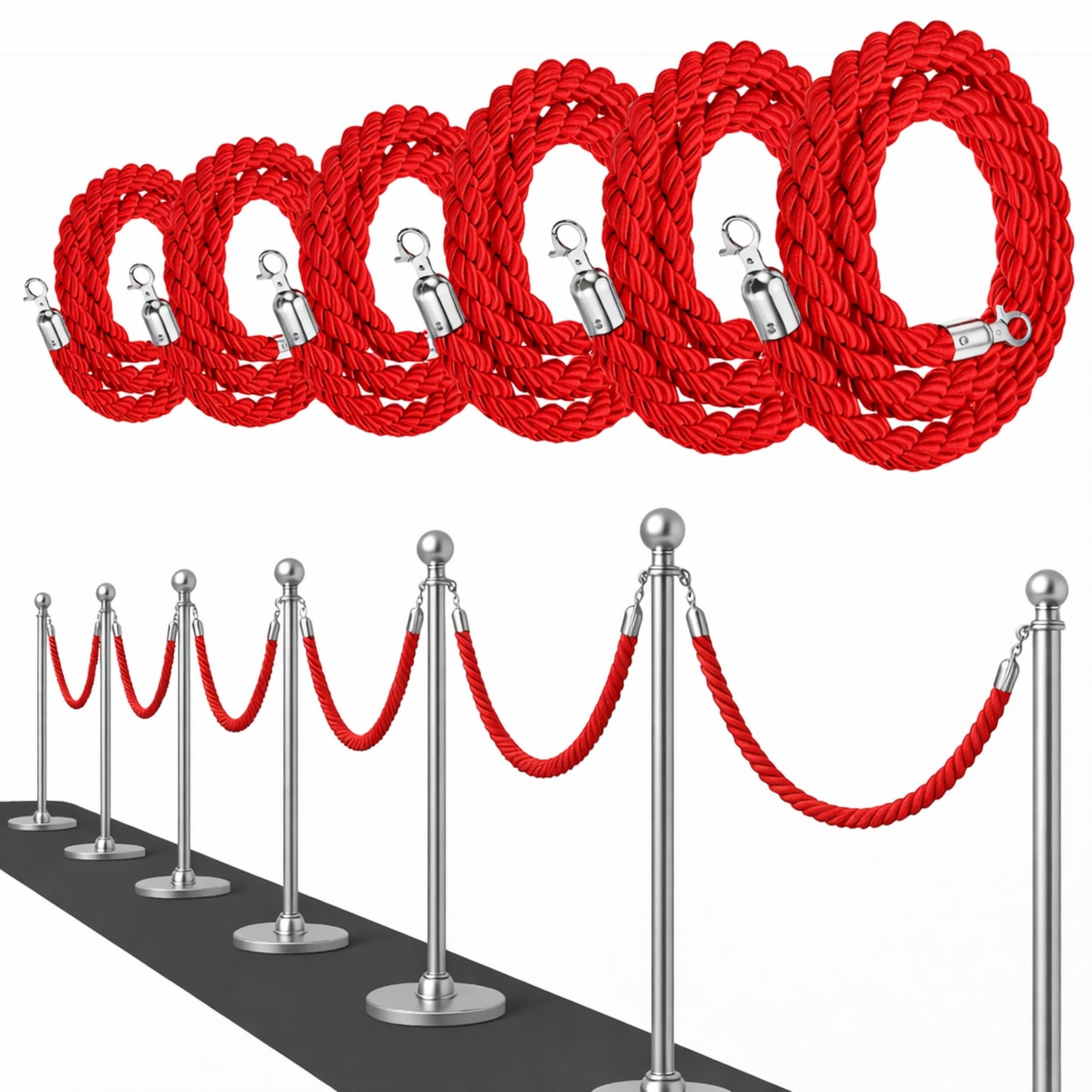5FT Red Braided Stanchion Rope Set – 6 Pack Thick Twisted VIP Ropes for St
