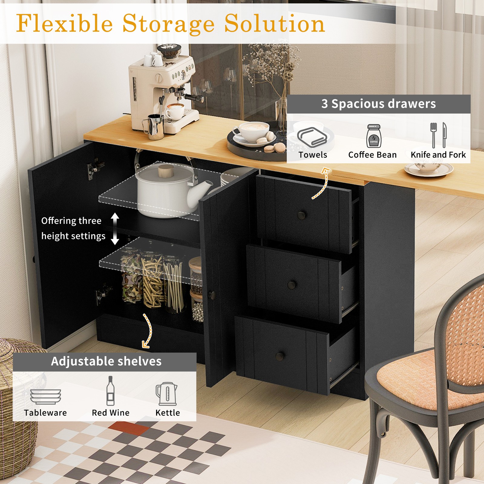 89.7''Wooden Sideboard with Extendable Table,Multifunctional Storage Cabinet*