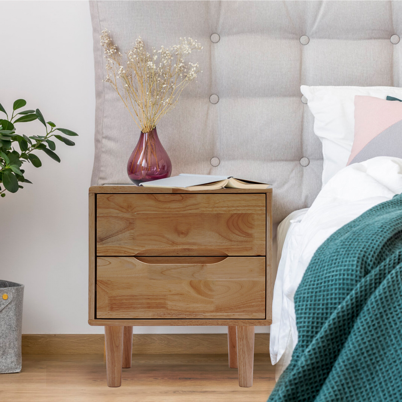 Nordic Style Solid Wood 2 Drawers Bedside Table Nightstand Home Decor