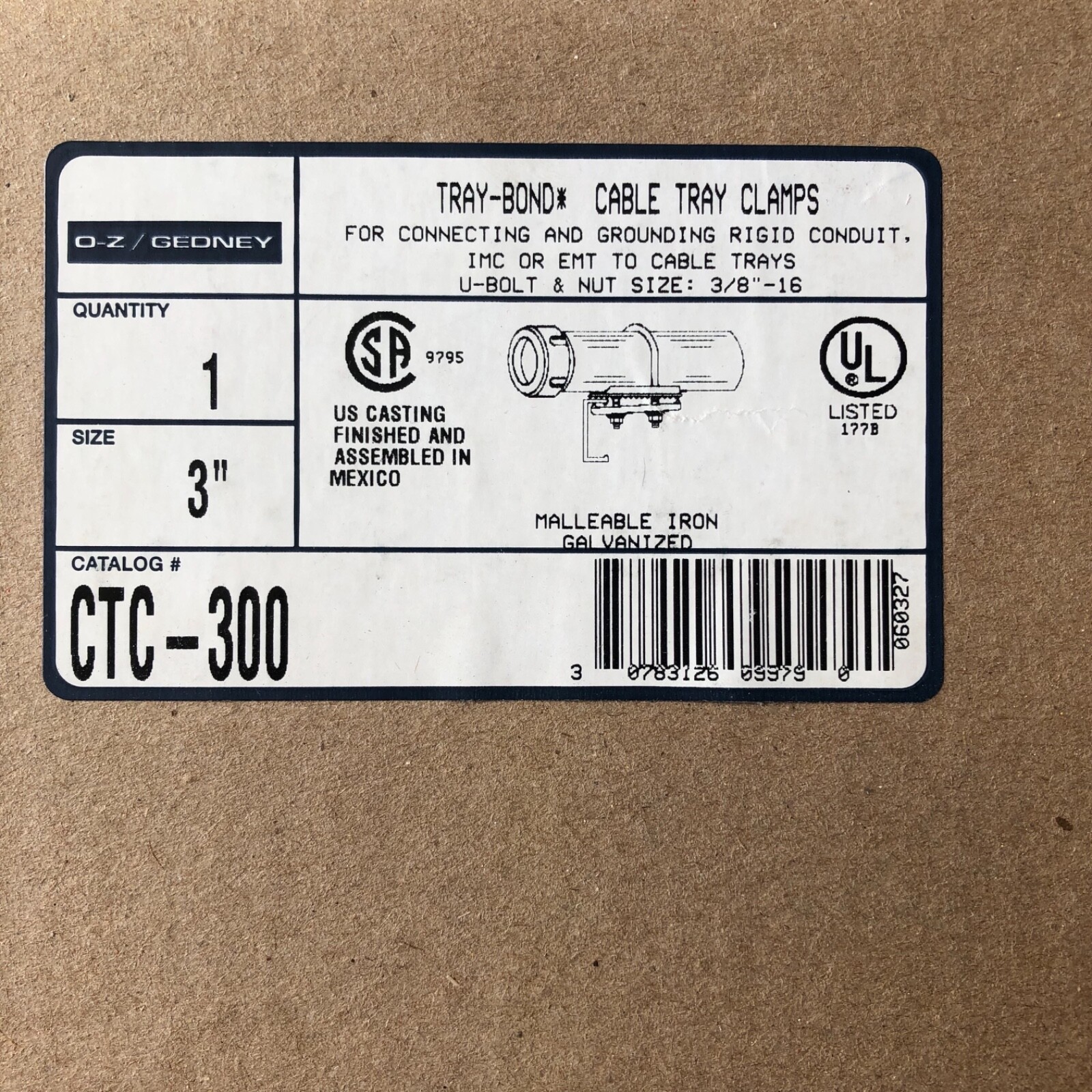 O-Z Gedney CTC-300 3” Rigid Tray Bond Cable Clamp