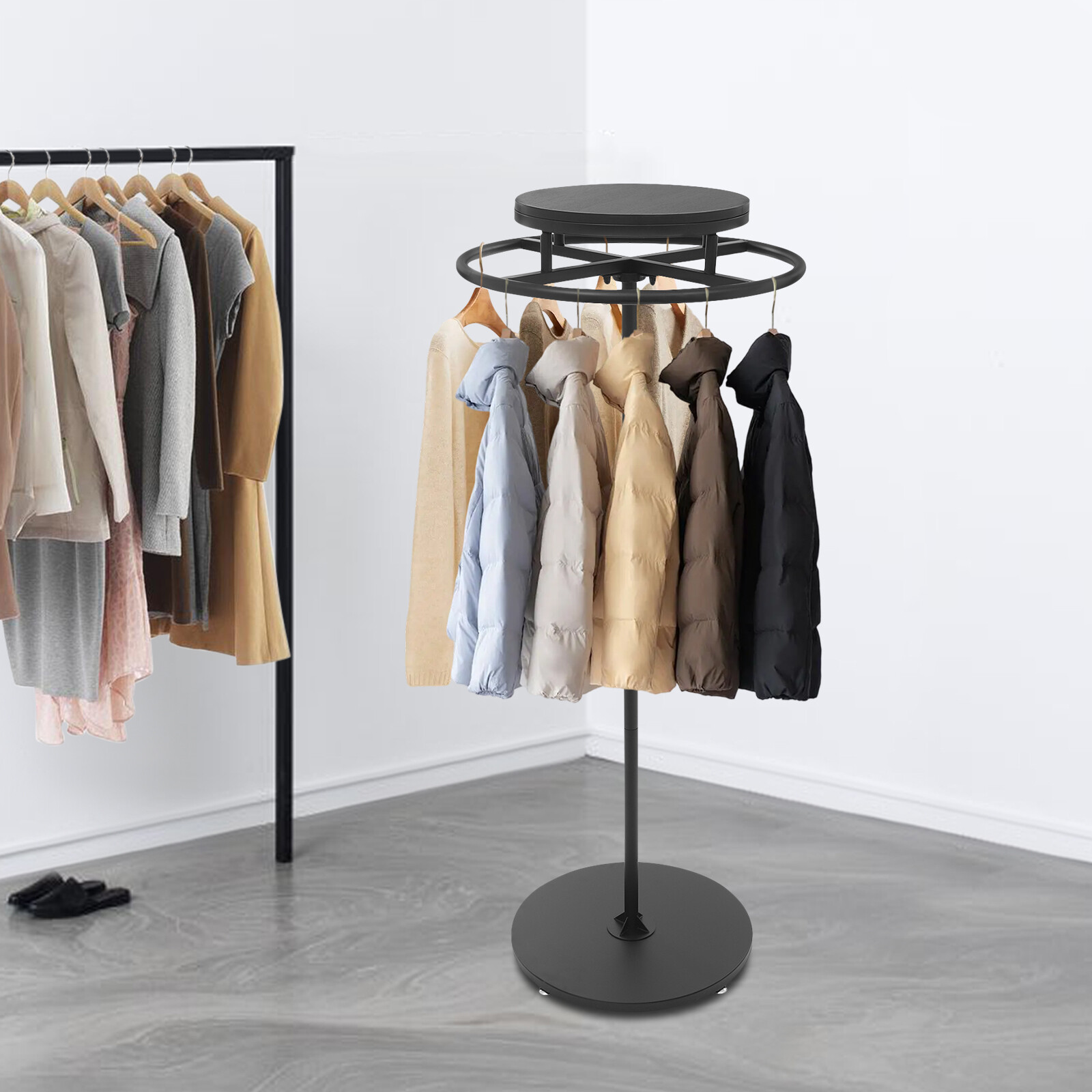 Round Clothing Rack Floor Standing Clothes Hanging Rack Garment Display black