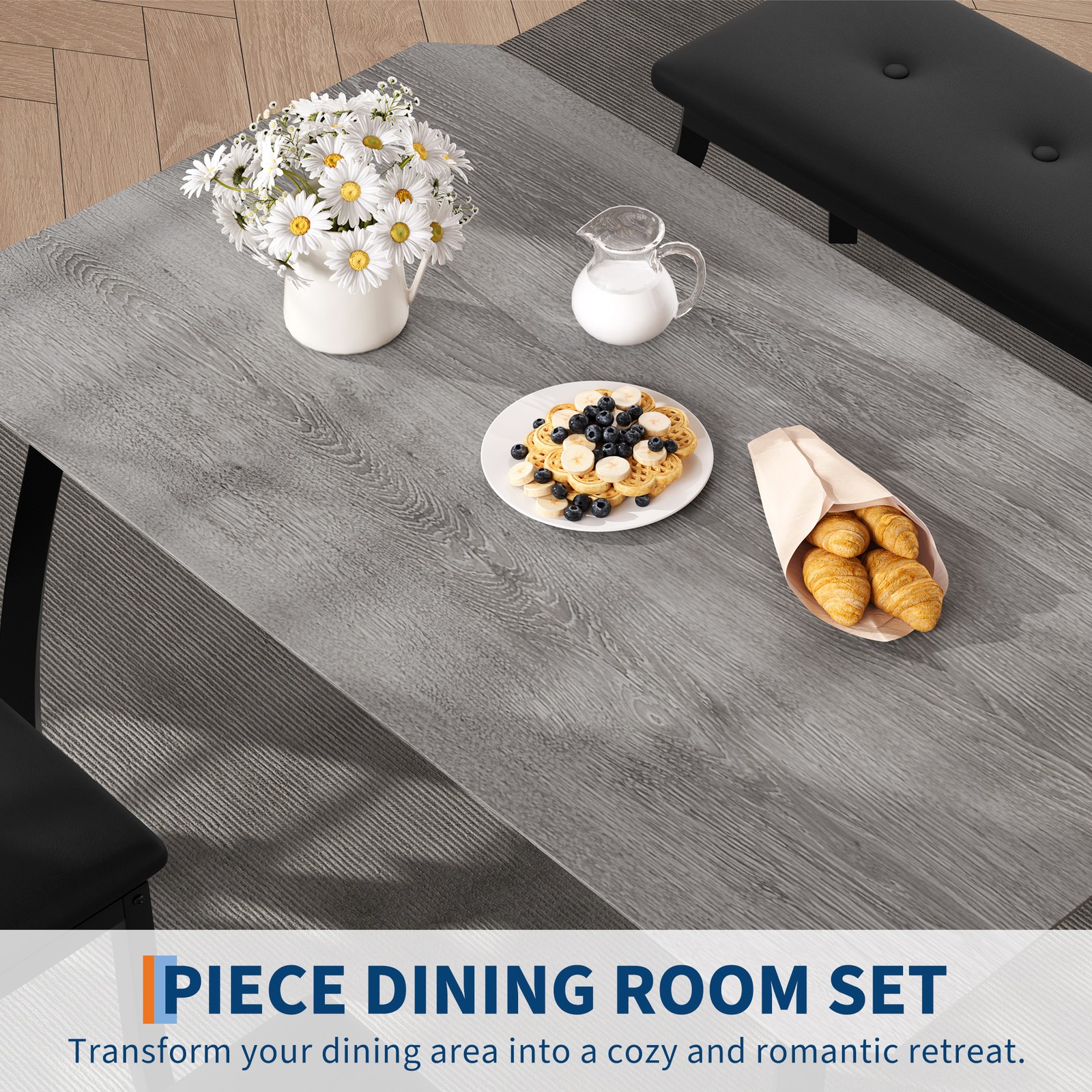 Space-Saving Dining Table Set for 4 Table 1 Upholstered Bench 2 Cushioned Chairs
