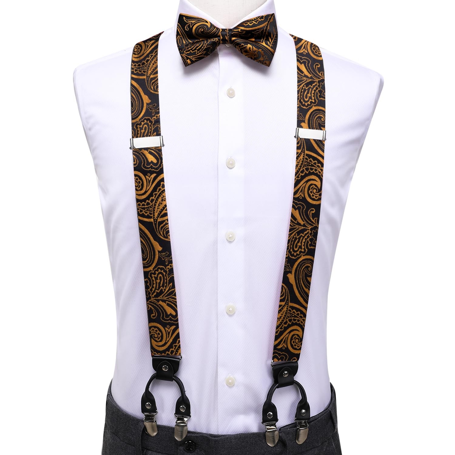 Suspender And Bow Tie For Men Paisley Solid Braces Pretied Hankie Cufflink