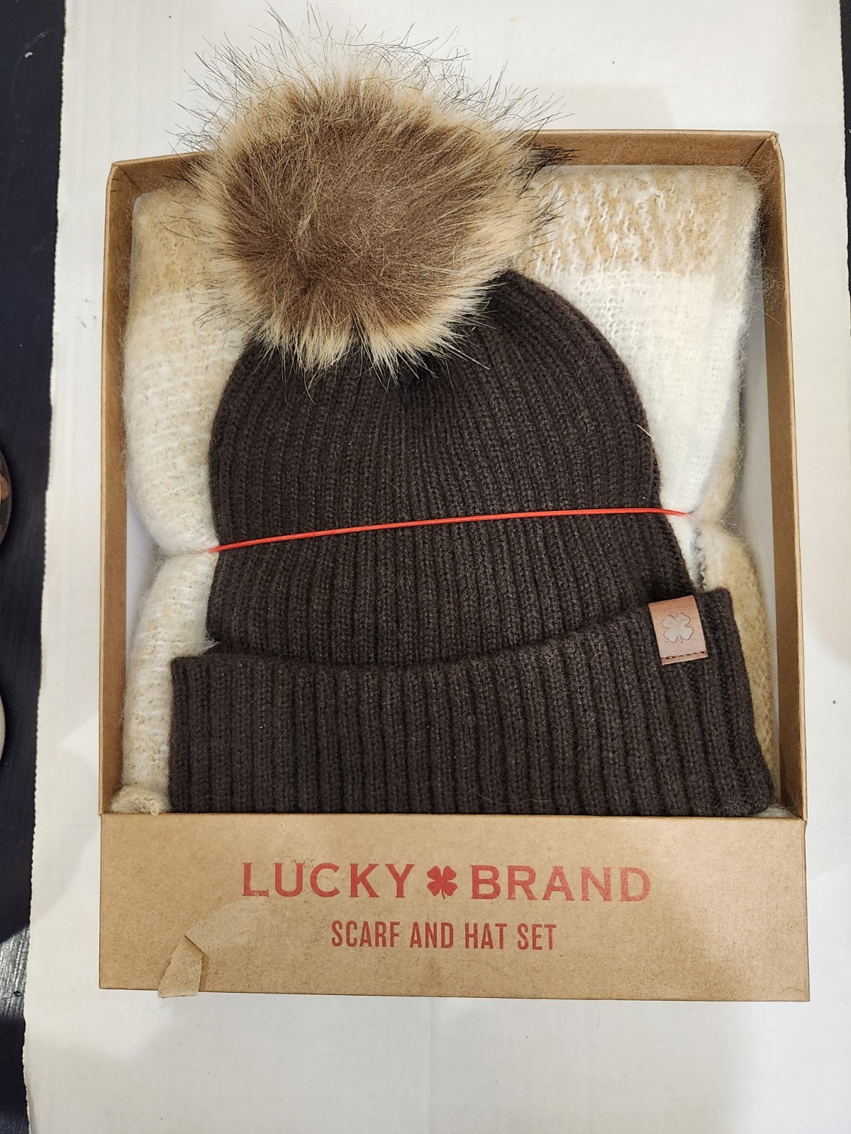 NEW Lucky Brand BROWN & BEIGE Knit Scarf & Hat 2 Piece Set Faux Fur Pom