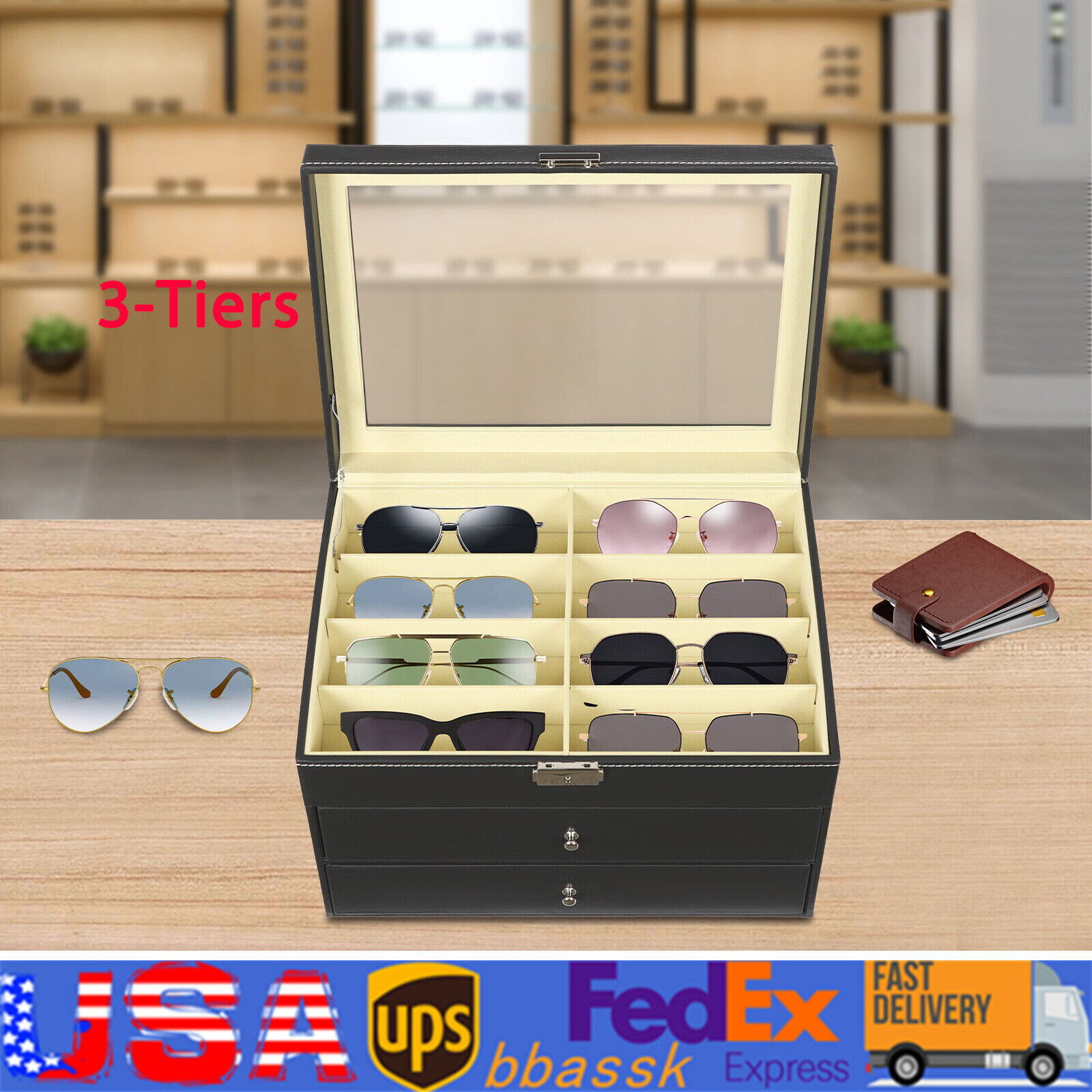 24 Slots Glasses Box Display Storage Case Organizer Leather For Sunglasses NEW