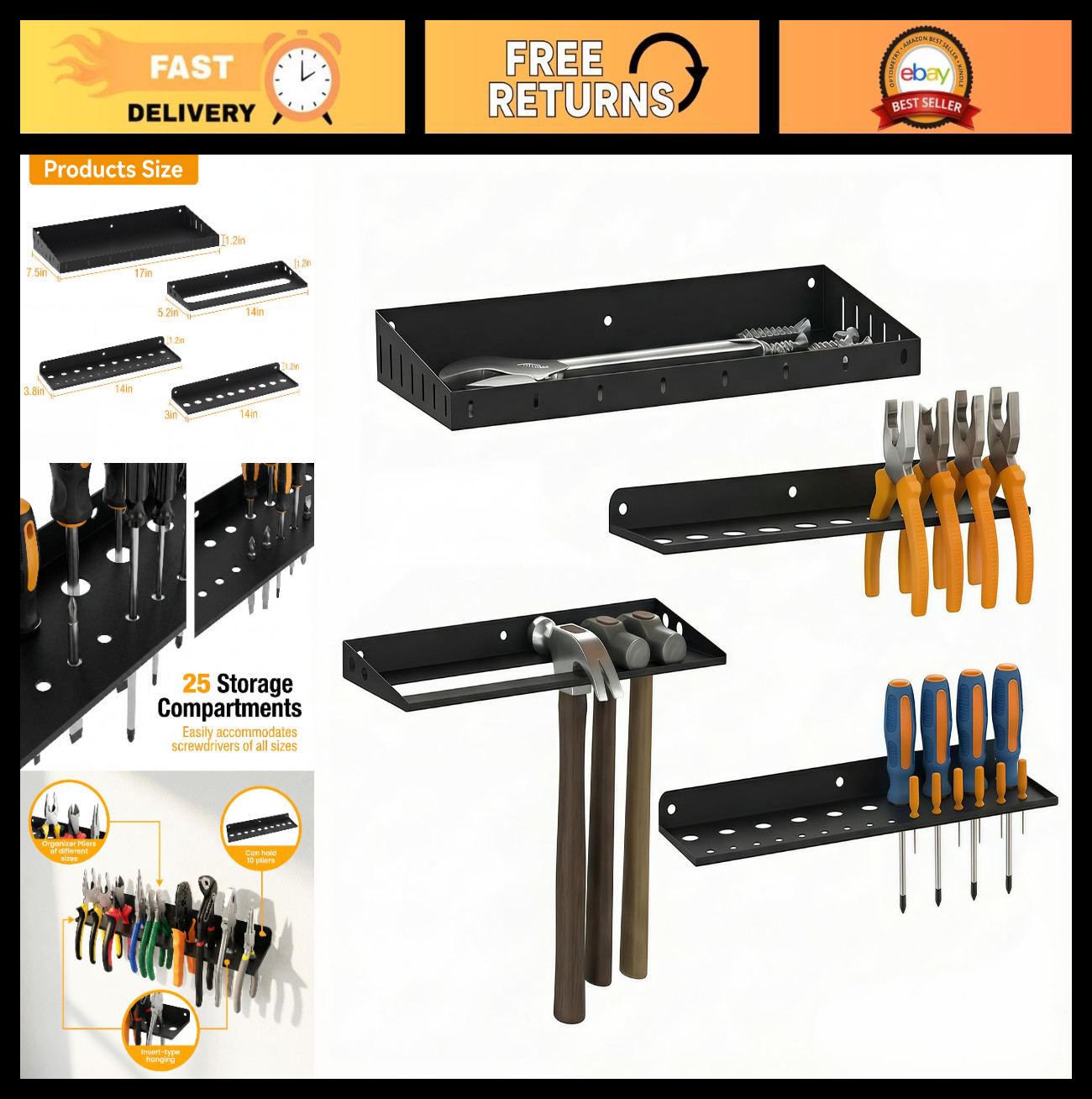 Wall Mount Tool Organizer Set - Screwdriver, Plier, Hammer Storage Rack for Gara