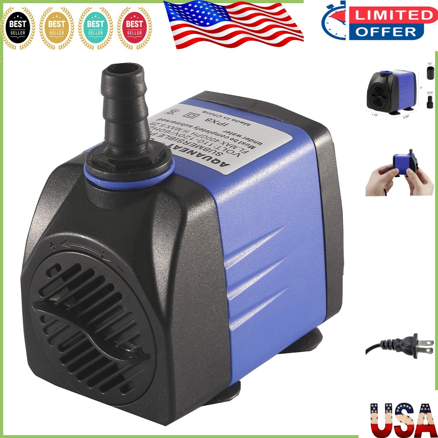 Multi-Use Submersible Water Pump 160GPH for Aquariums, Fountains & Hydroponics