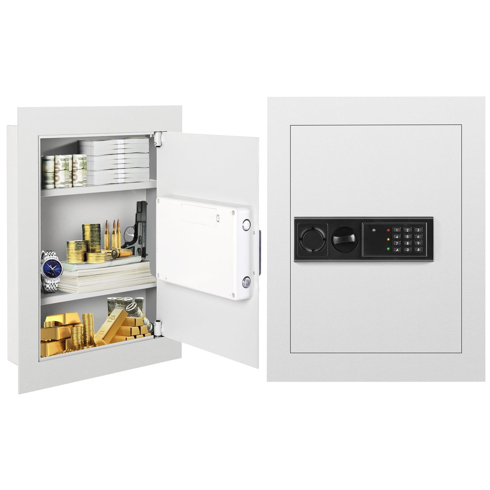 Wall Safe, Flat Recessed Hidden Wall Mount Safe Security Box w/LED Lights & D...