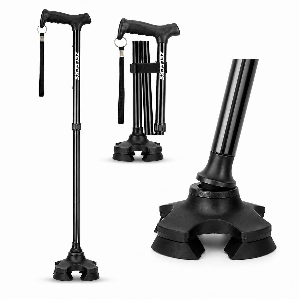 Self Standing Adjustable Folding Walking Cane T Handle 360 Pivot Base Light