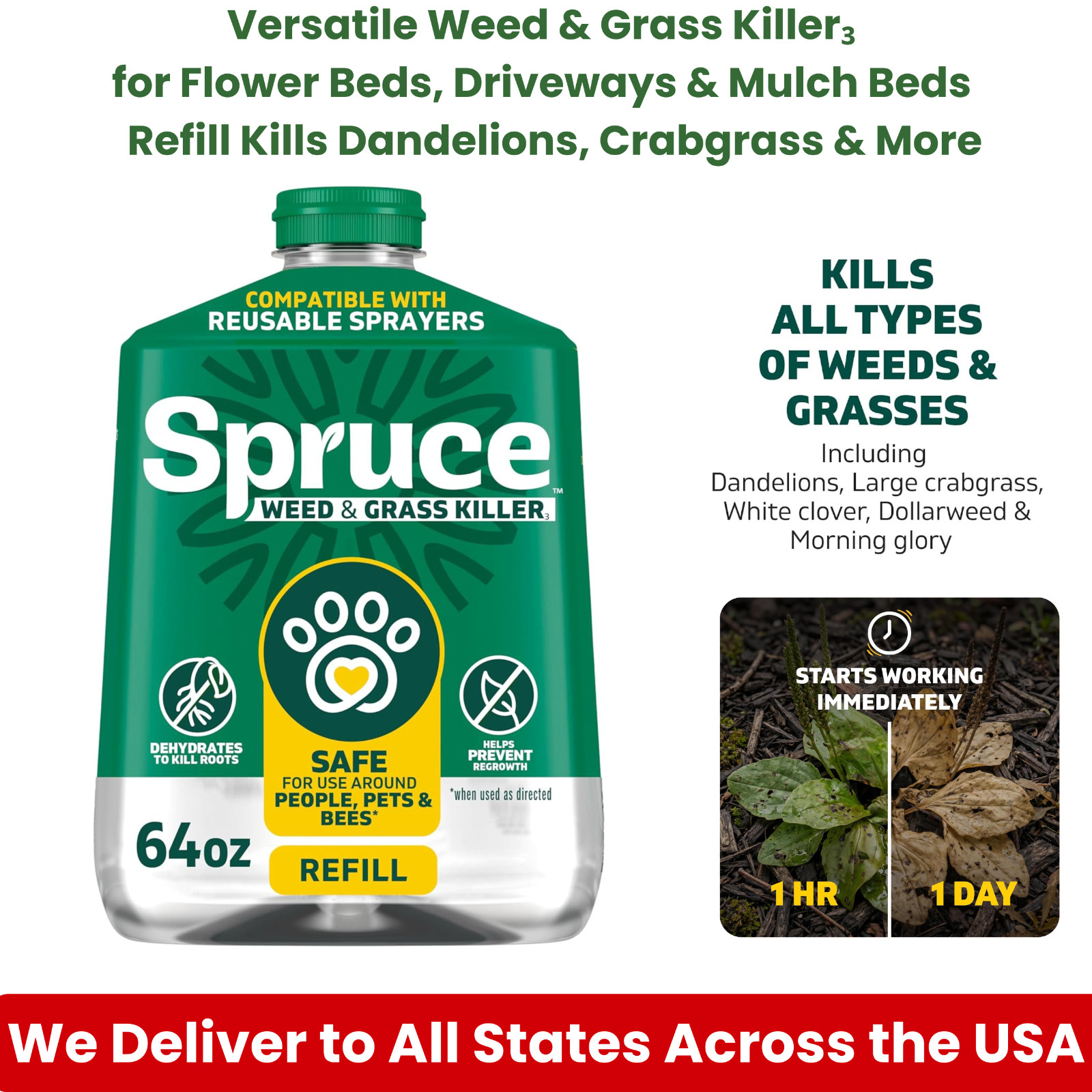 Spruce Weed Killer Refill 64 Oz Natural Grass Killer for Dandelions Crabgrass
