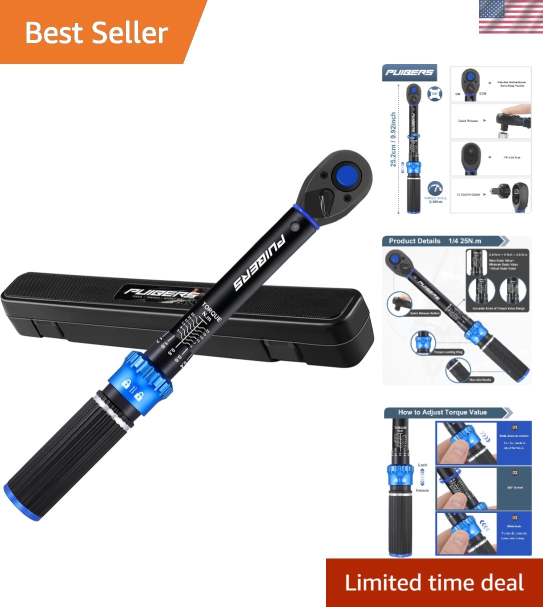 1/4'' Newton Meter Torque Wrench, Bike Torque Wrench 1/4 3-25 NM/22.6-221.3 I...