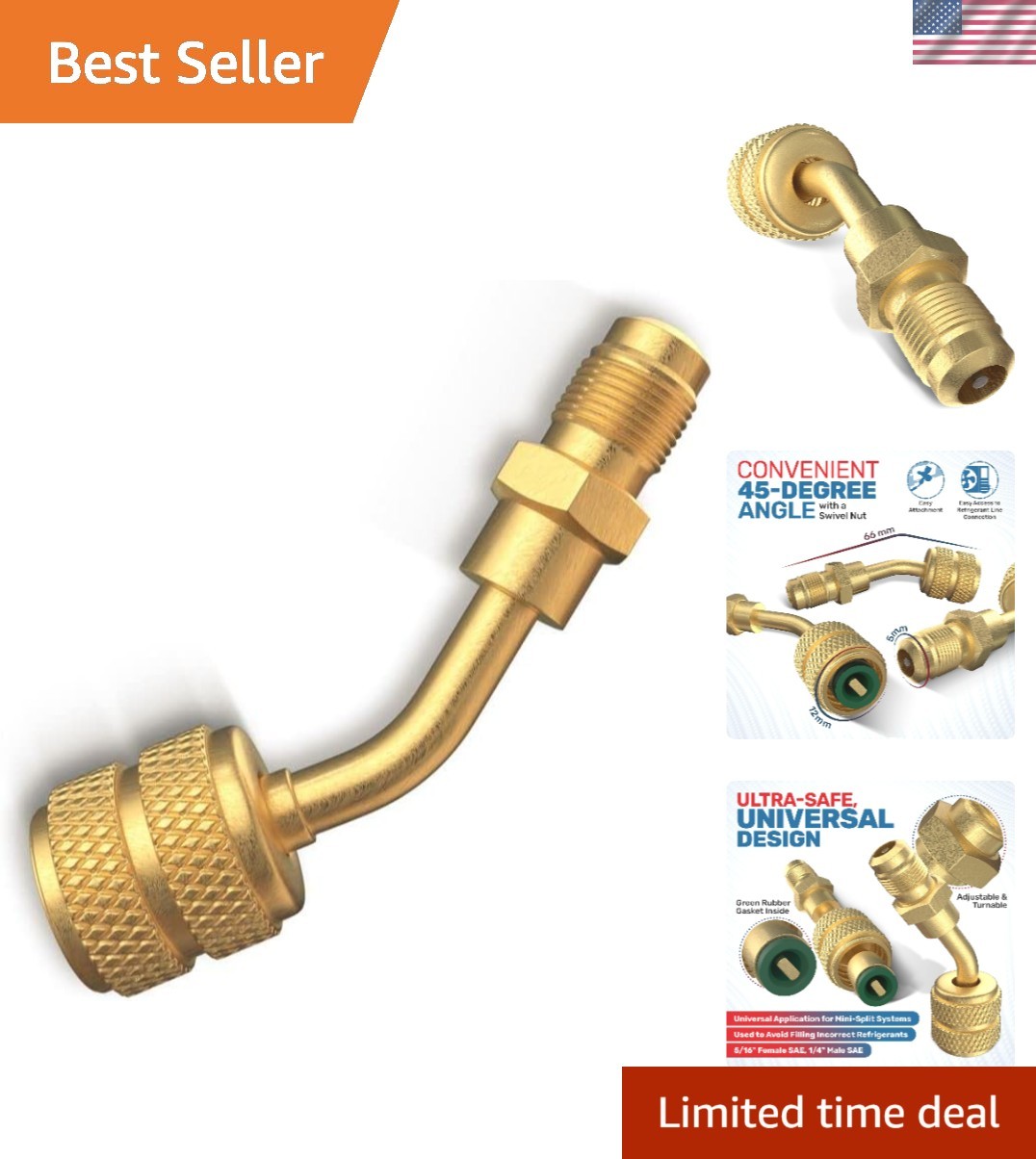 Brass R410A System Charging Adapter - 5/16 Female to 1/4 Male SAE Connection