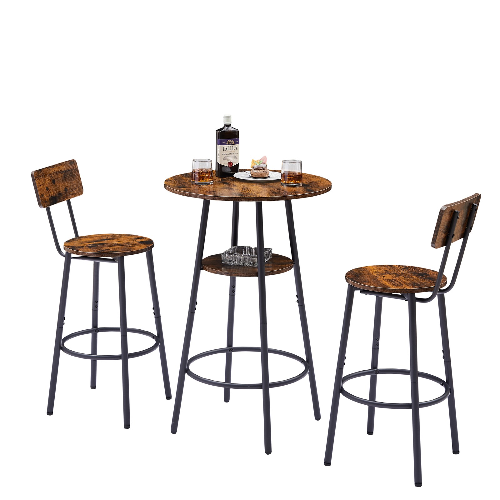 Round bar stool set with shelves, stool with backrest Rustic Brown, 23.6'' Dia
