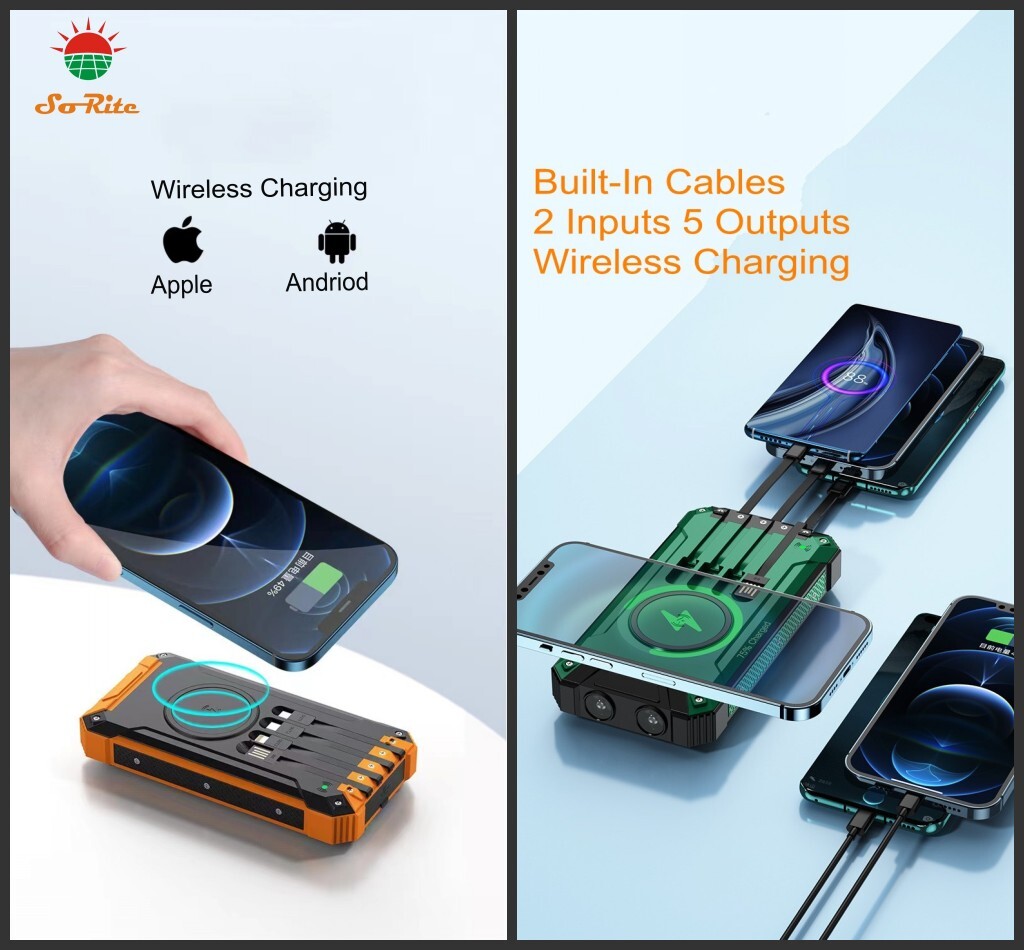 Solar Power Bank Portable Qi Wireless Solar Charger 4 USB Cables iPhone Android