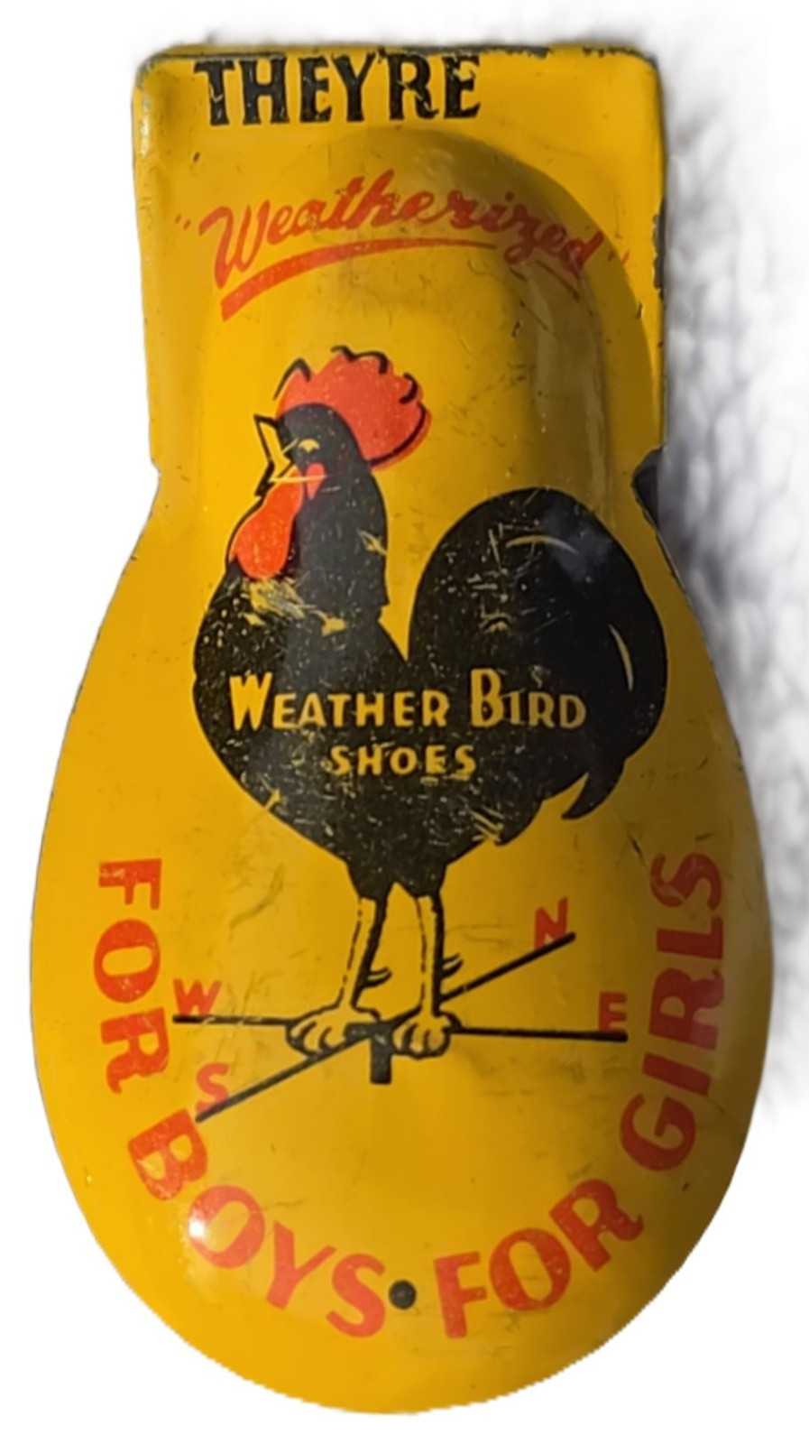 Vintage Weather Bird Shoes Tin Clicker Noise Maker Promo Toy USA Rooster Yellow