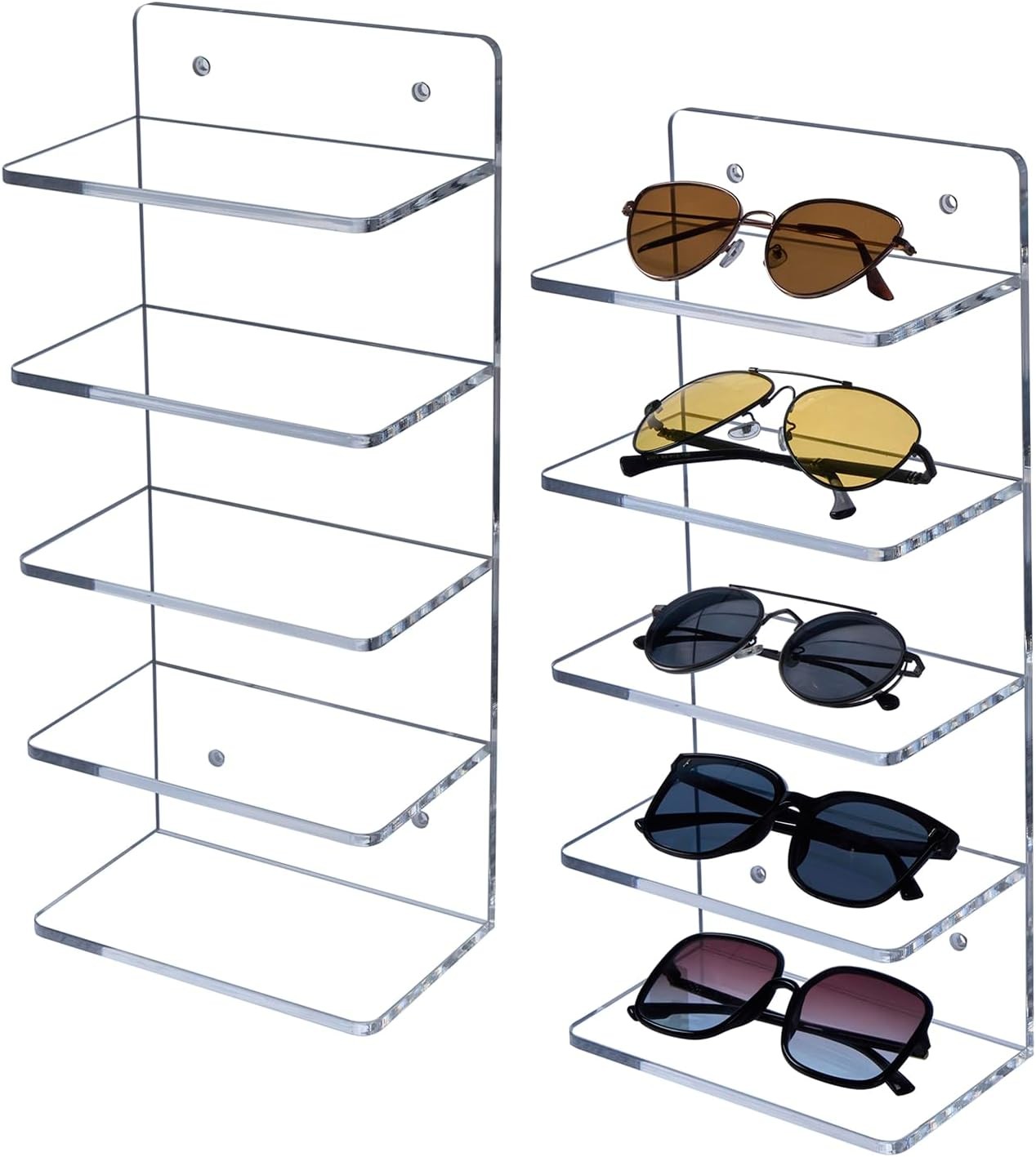 5 Tier Clear Acrylic Sunglasses Holder Rack, Wall Mounted Eye Glasses Shelf or T