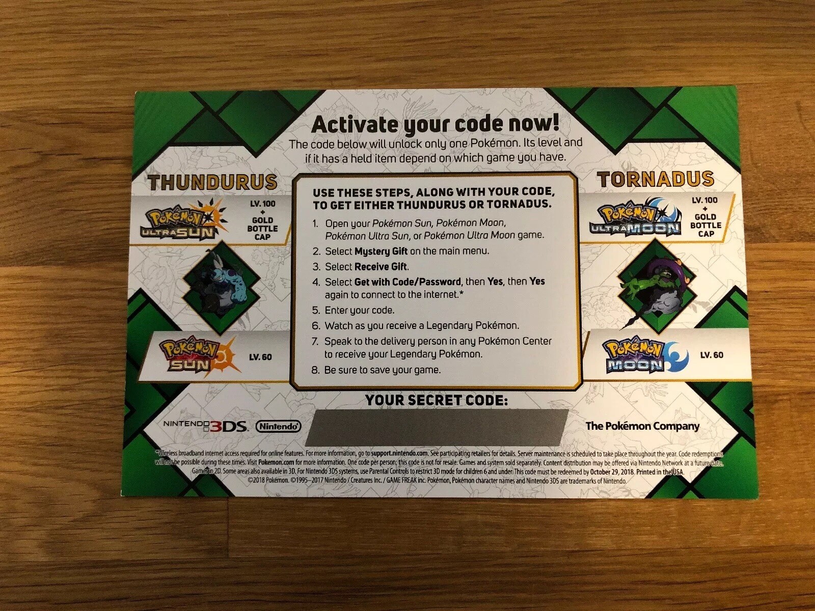 Legendary Pokemon Thundurus or Tornadus for SM/USUM Unused Card