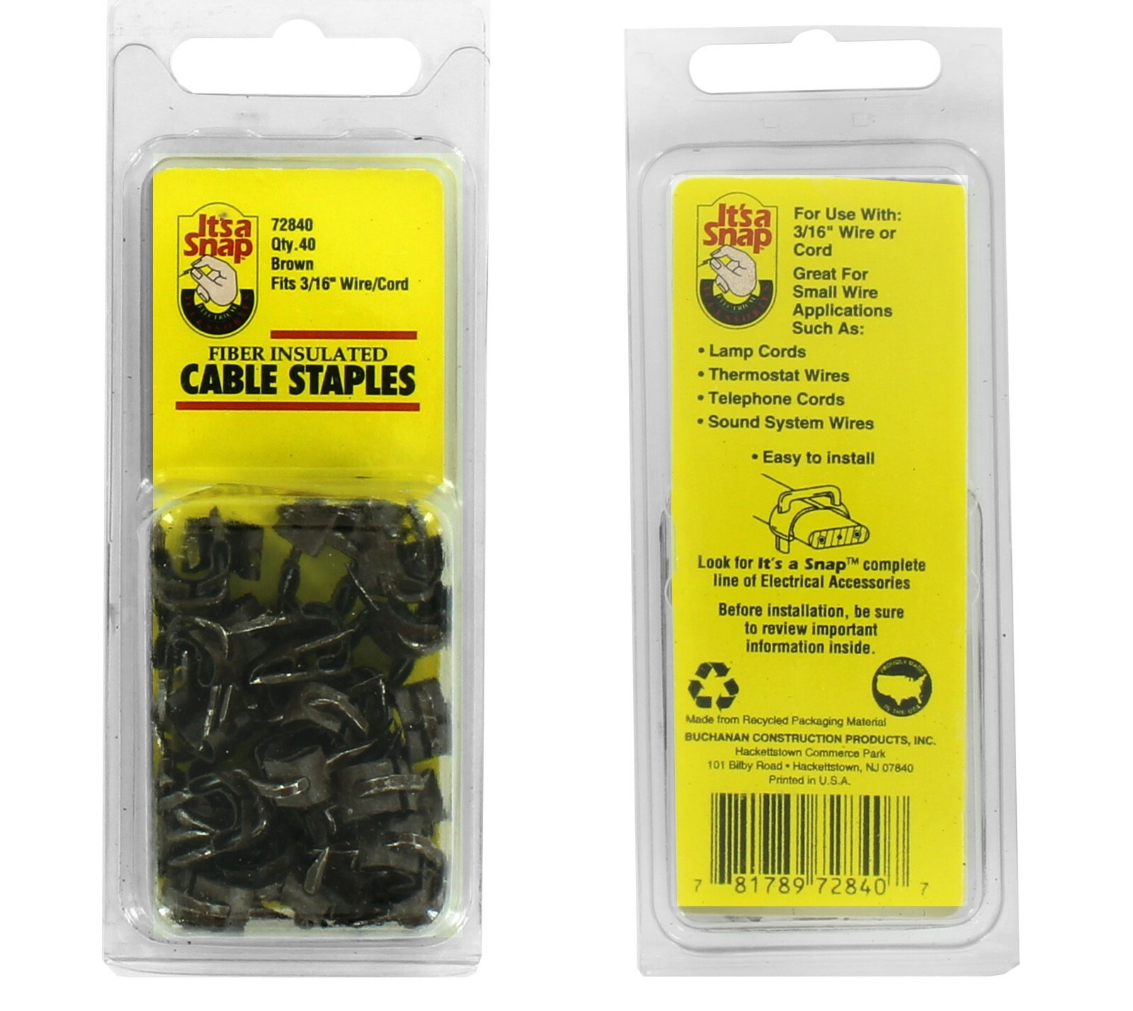 Insulated Cable Staples For 3/16" Wire/Cord 72840  Qty 40