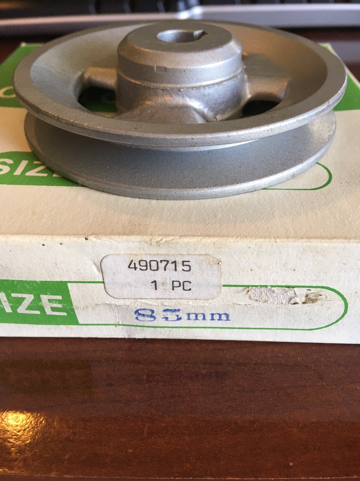 *NOS* 490715-85MM-TAPERED PULLEY-(3 3/8", 3/8"belt groove, 9/16-7/16 shaft) F.S.
