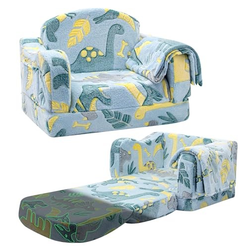 Comfy Toddler Chair and Couch for Kids with Blanket,2-in-1 Soft Plush Green