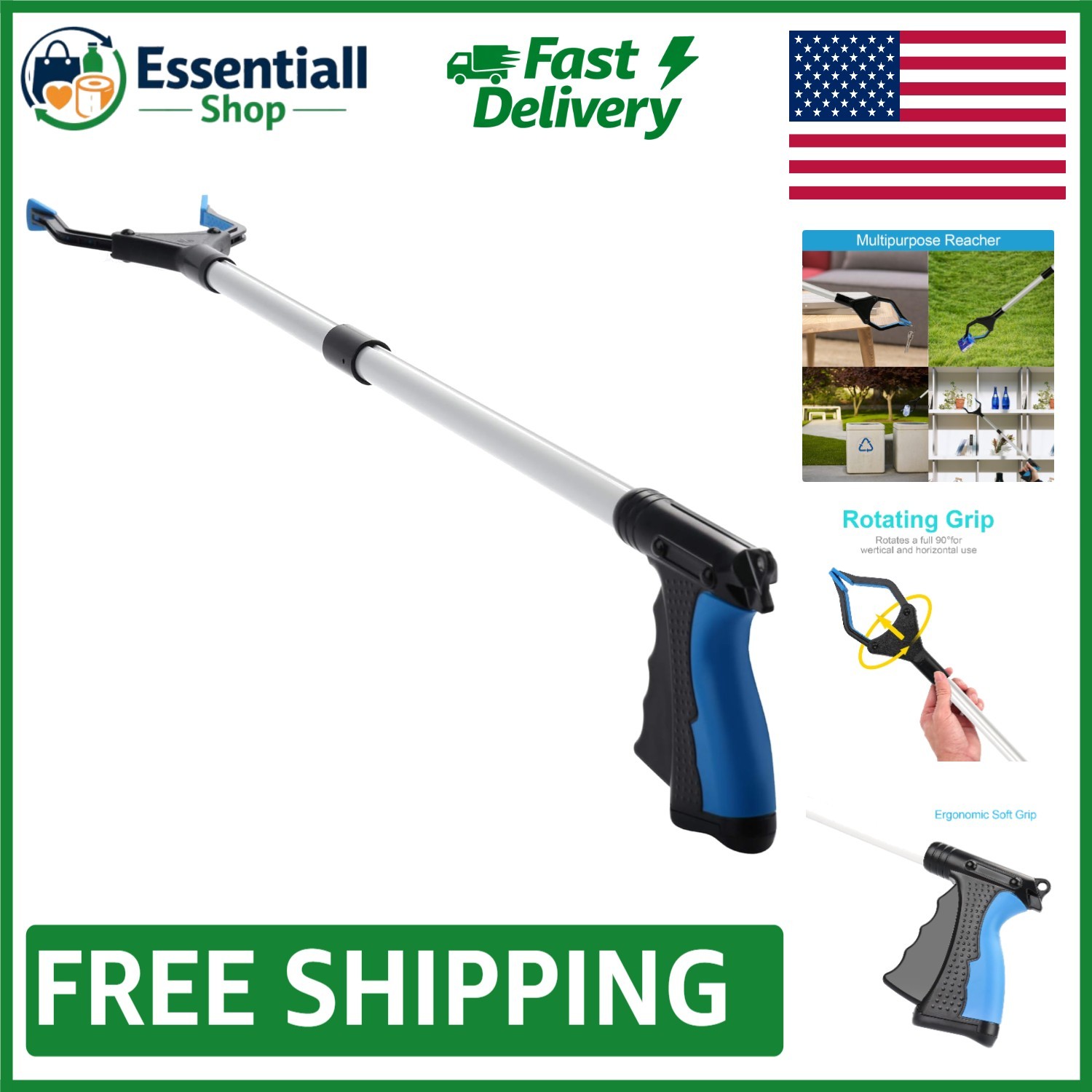 Rotating Head 32-Inch Grabber for Trash & Litter Pickup - Lightweight Blue Tool