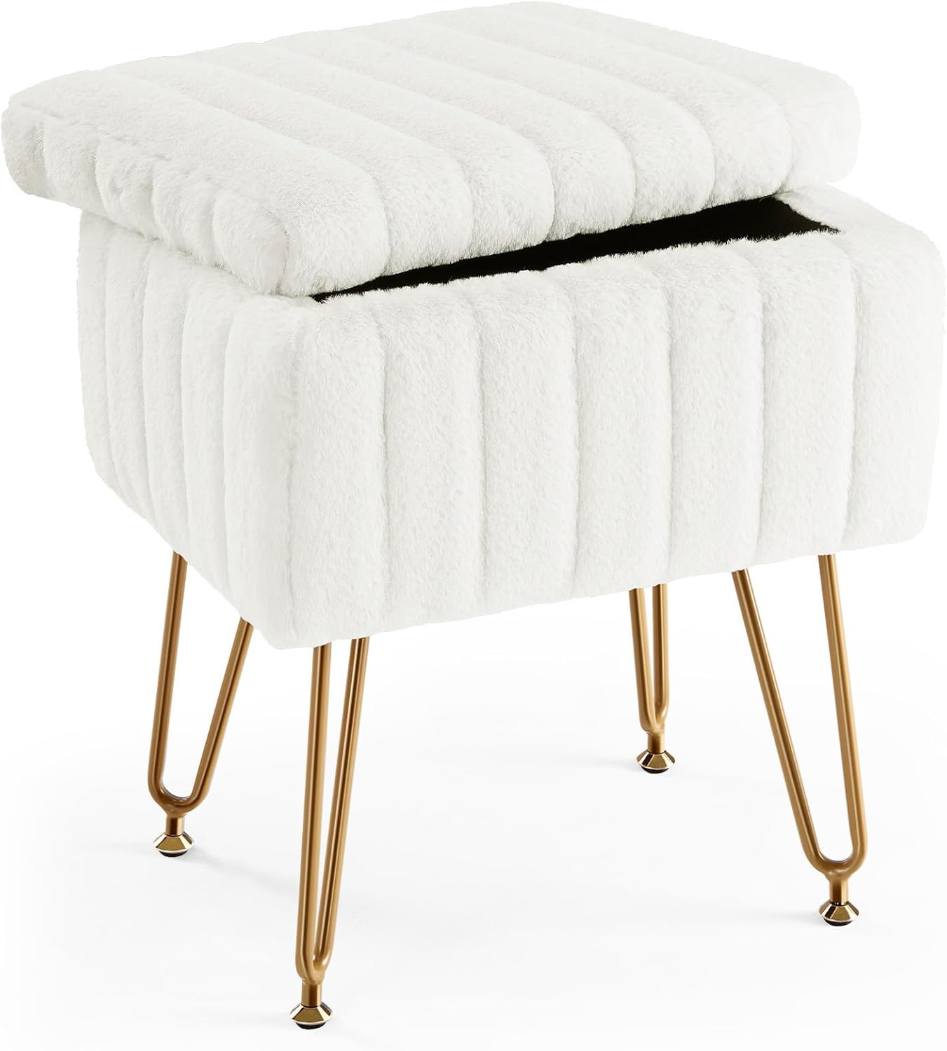 Faux Fur Vanity Stool with Storage Ottoman Makeup Seat Metal Legs White