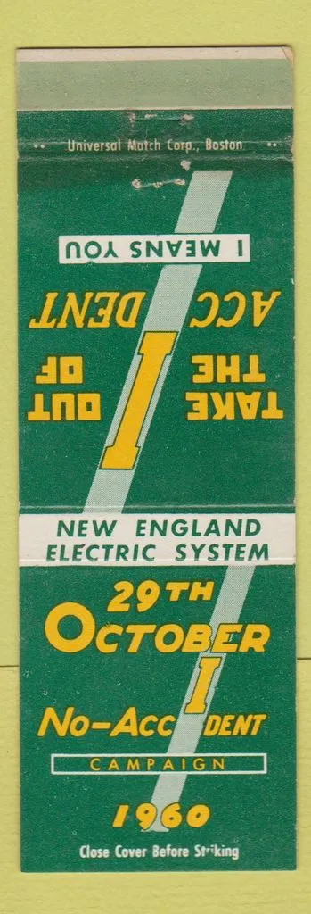 Matchbook Cover - New England Electric System No Accidents 1960