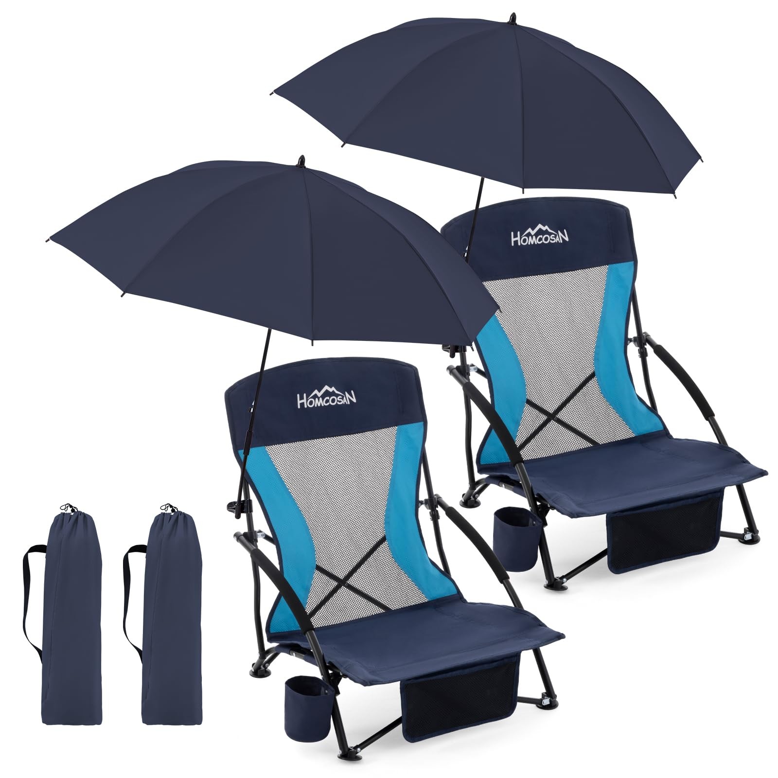 Homcosan Portable Low Folding Beach Chairs Set of 2 with Detachable Umbrellas -