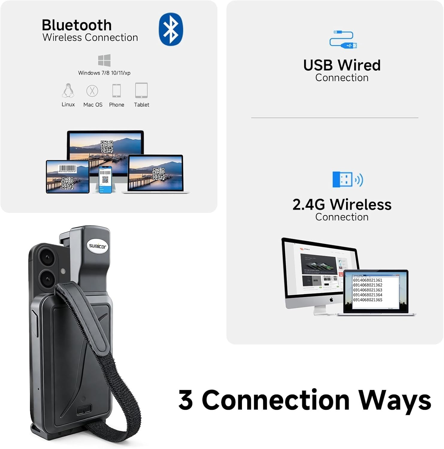 Sumicor Back Clip Bluetooth Barcode Scanner, 3 in 1 Bluetooth 5.2 & 2.4G 193