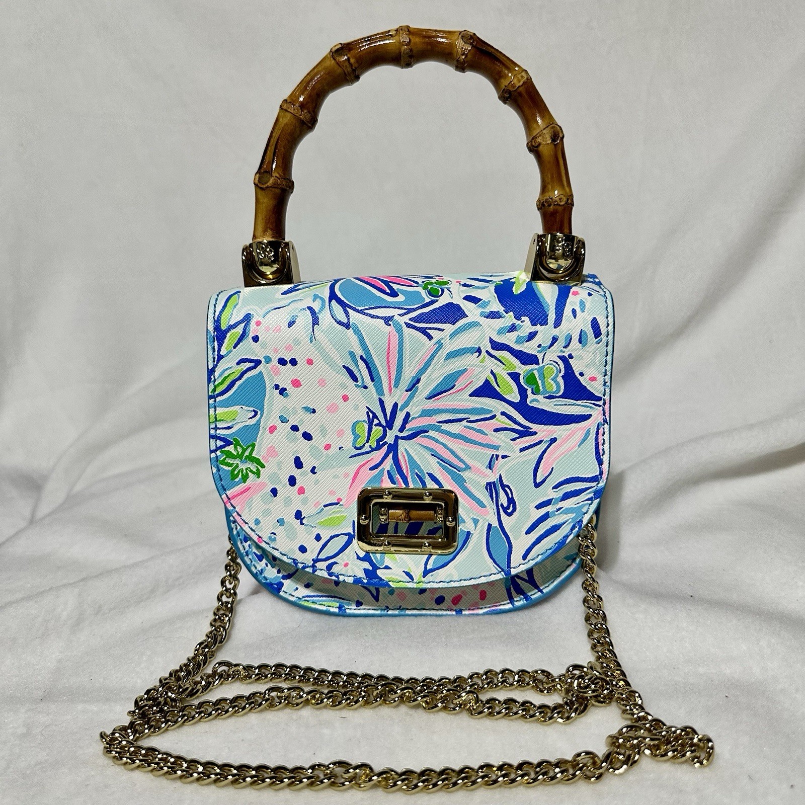 Lilly Pulitzer Leilani Bamboo Top Handle Mini Bag Coastal Blue Gold Chain