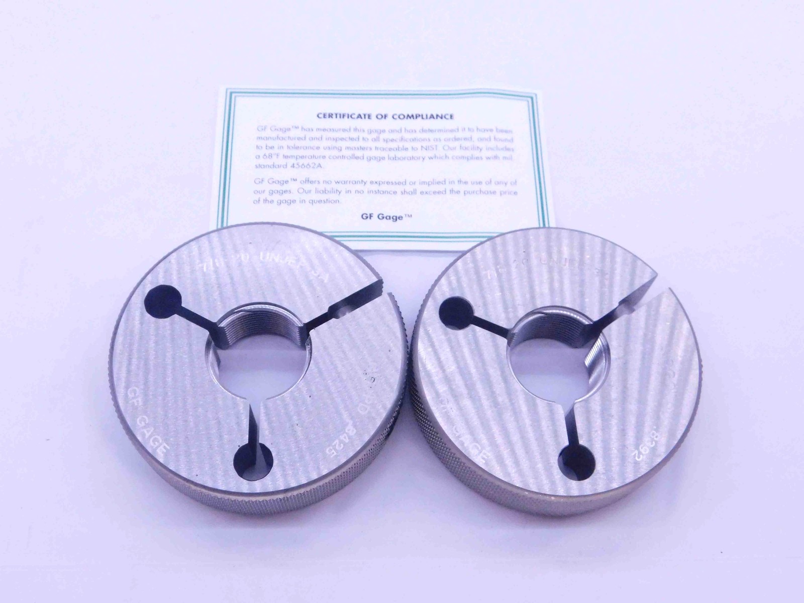 NEW 7/8 20 UNJEF 3A THREAD RING GAGES .875 .8750 GO NO GO P.D.'S = .8425 & .8392
