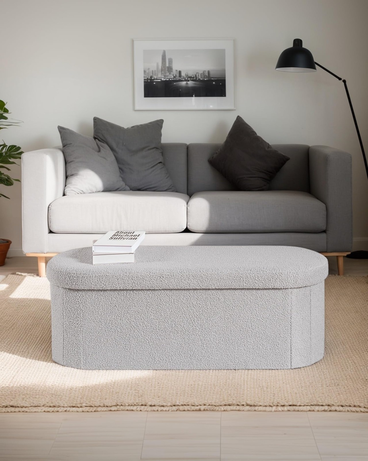 ZOLANOful Storage Ottoman Bench, 43.3" Oval Upholstered Ottoman Foot Rest Fol...