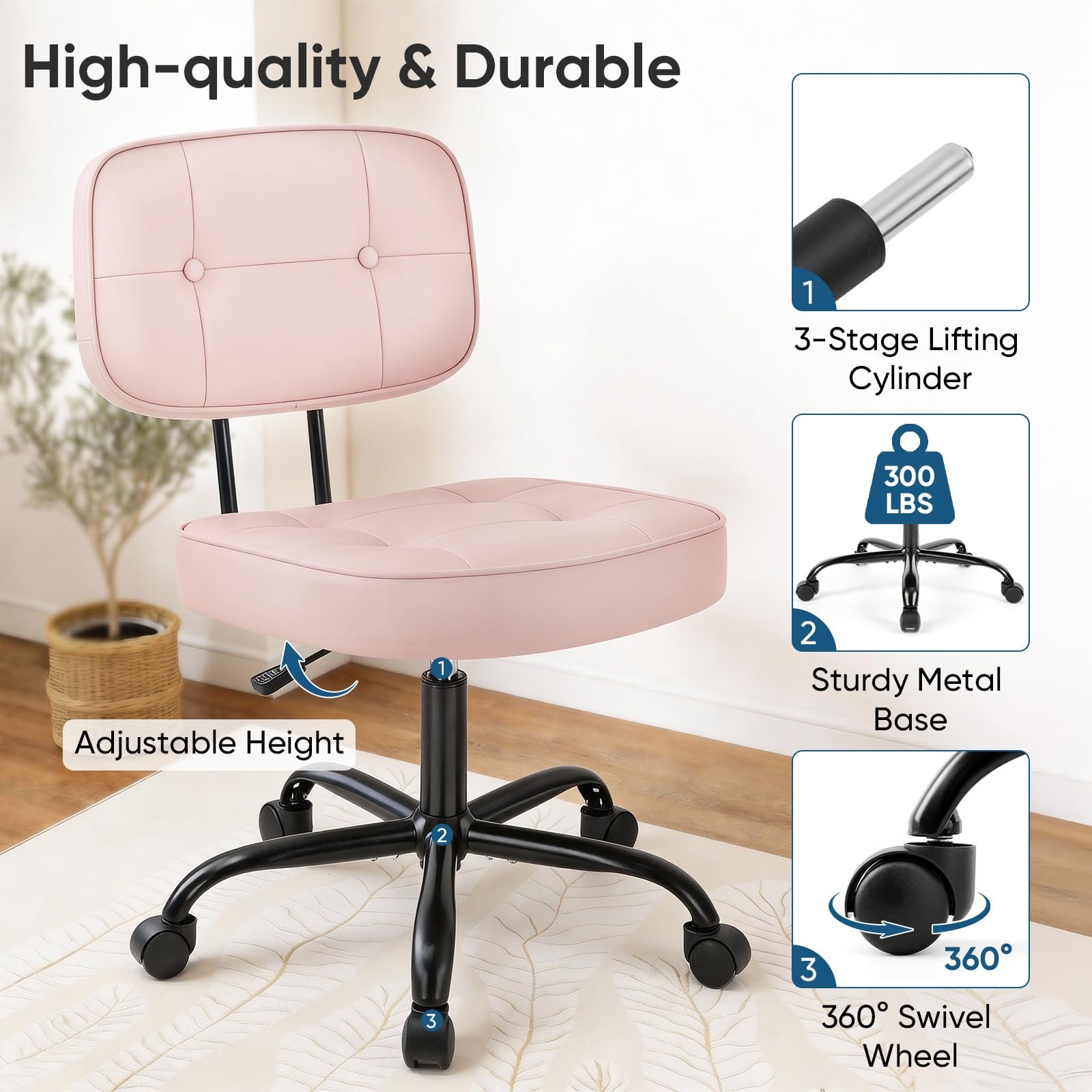 Home Office Desk Chair - Ergonomic Armless PU Leather Computer Rolling Task C...