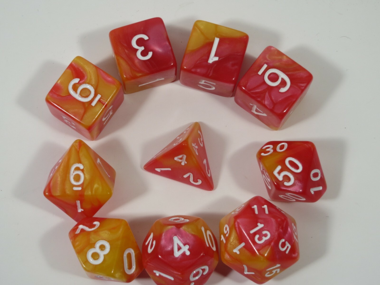 NEW RPG Dice 10pc - Twisted Orange-Pink - 1 @ D4 D8 D10 D12 D20 D00-10 & 4 D6