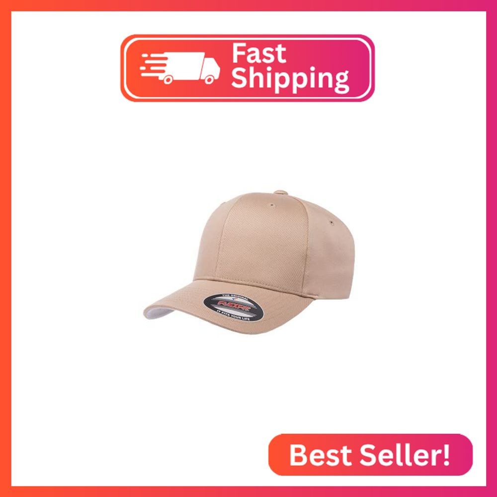 Flexfit Men's Wooly Combed Twill Fitted Baseball Cap, Khaki, Small-Medium