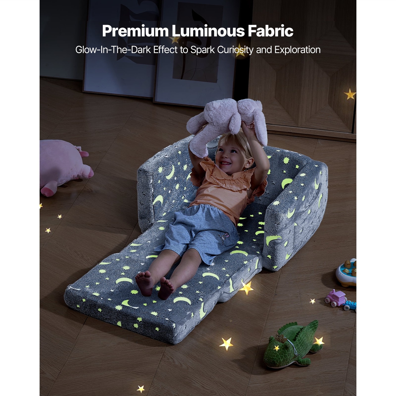 2-In-1 Foldable Kids Chair Armrests Glow-In-The-Dark Convertible Chair-Lounger