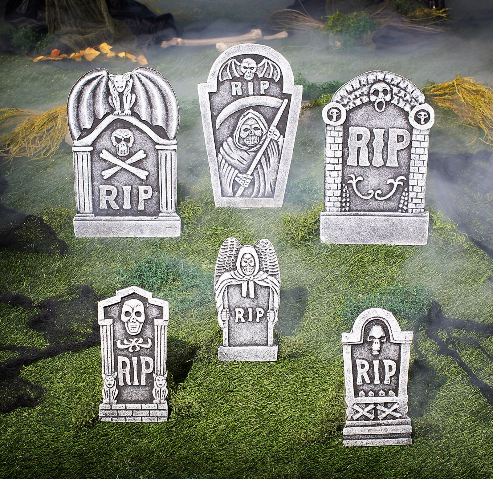 Halloween  6 Pc Spooky Grim Reaper RIP Foam Tombstone Decorations Set–6 Pc.  NEW