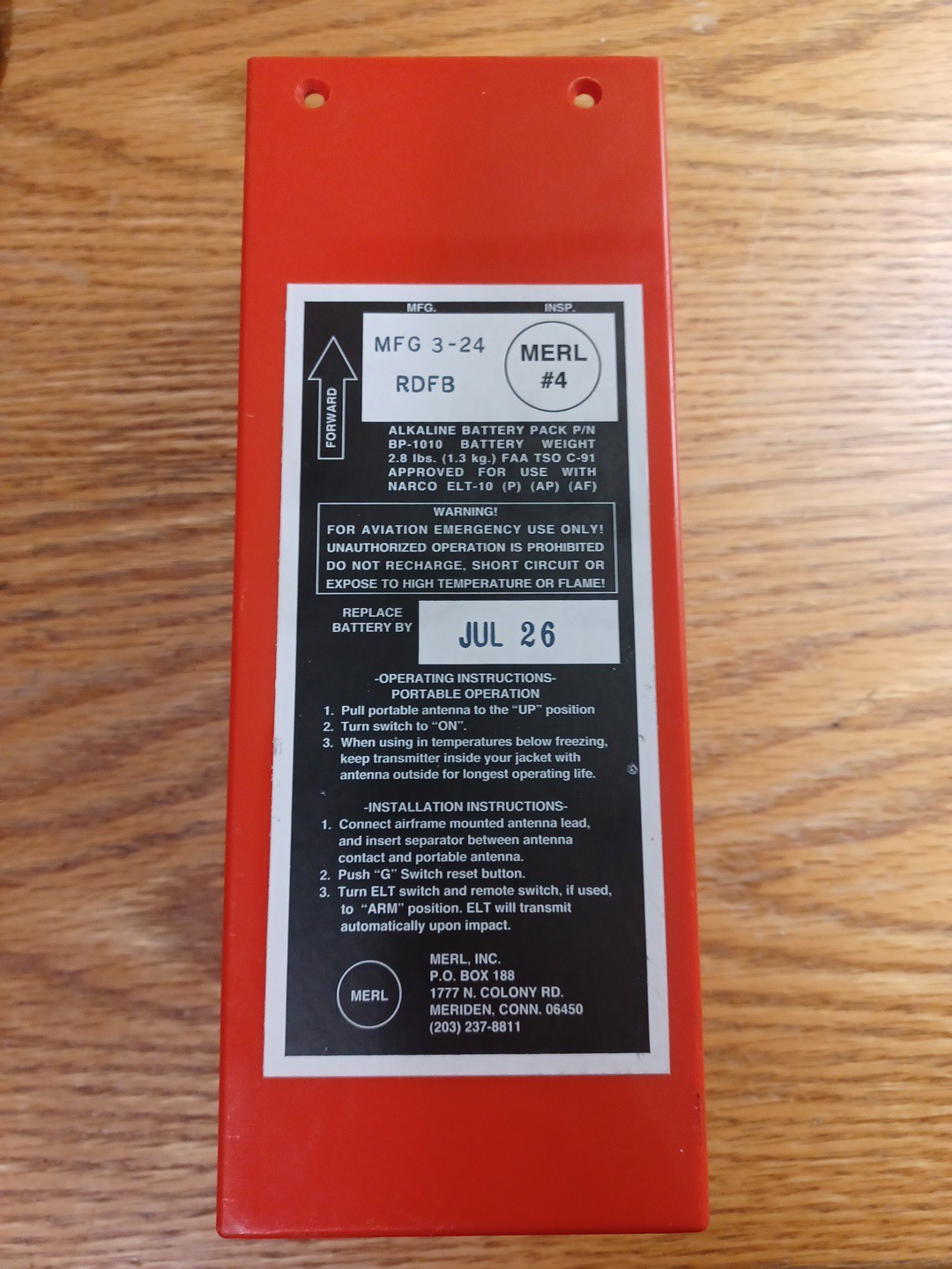 MERL, INC ELT BATTERY PACK- 2 year Battery, for use with Narco ELT 10. -Expired
