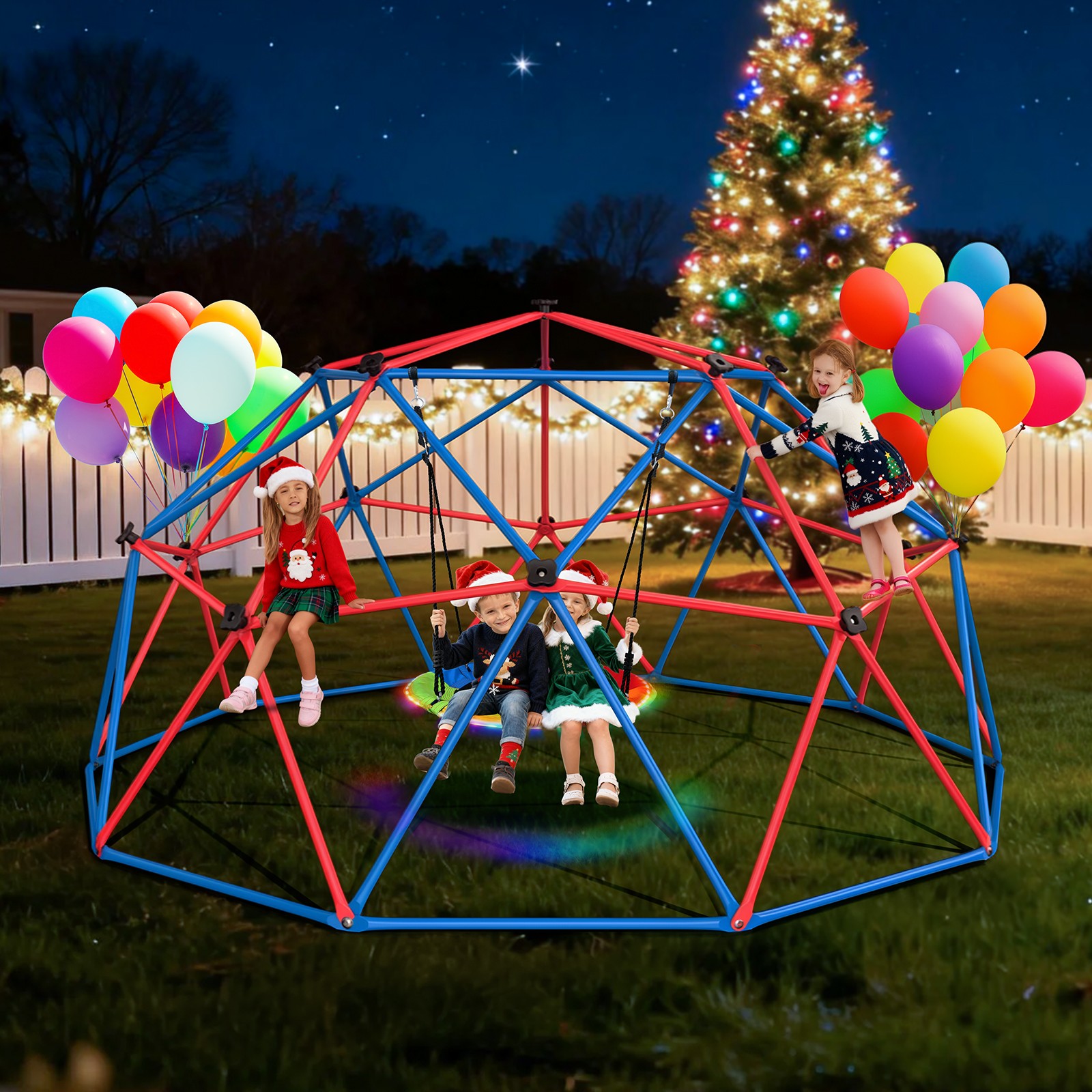 10ft Climbing Dome with LED Saucer Swing Jungle Gym Outdoor Fun Dome Swing Set