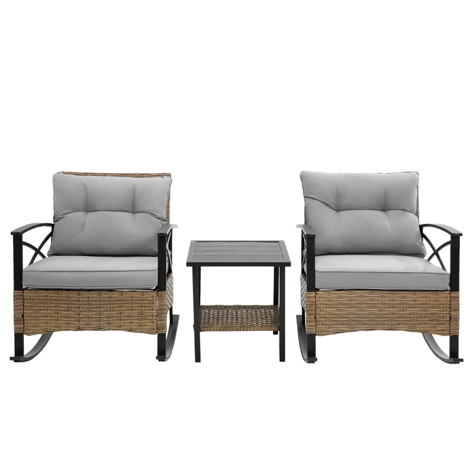 Grey 3pcs Rattan Rocking Chair Set with Table - Comfortable, Easy Assembly &