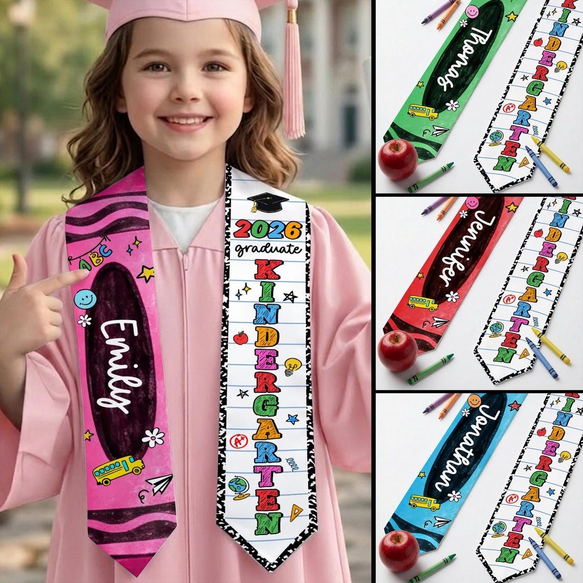 Personalized Kid Graduation Stole, Custom Crayon Kindergarten Grad Stole Gift